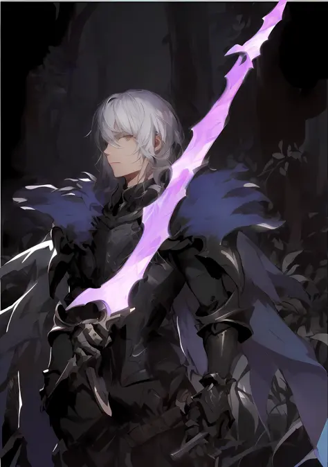 anime character with white hair and sword in dark forest, shigenori soejima illustration, portrait of dragoon, inspired by Li Ch...