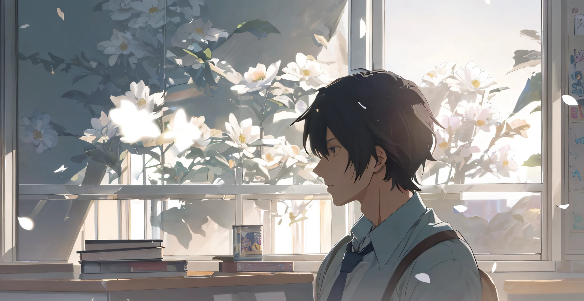 (best quality), (masterpiece), high details, extremely_detailed_CG_unity_8k_wallpaper, man reading in a tie, classroom window, white petals, hyperrealism, strong contrast between light and shadow, Guvez and Shinkai Makoto style, gives this image a sense of traveling, and inspiration.