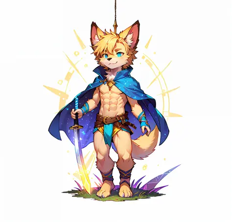 1 male furry， dogs，coattails，fantasy world，shota， full-body photo， thin body，reveals strong abs，neon city， clean design，at your ...