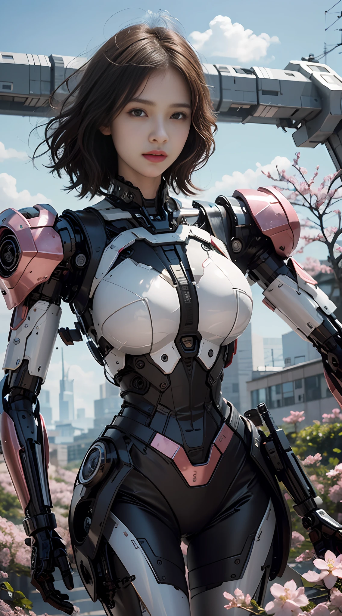 Complex 3d rendering very detailed beautiful ceramic silhouette female robot face, behind stands a huge cherry blossom pink mech warrior, robot parts, 150mm, futuristic battlefield, edge light, vibrant details, luxurious cyberpunk, lace, surrealism, anatomy, facial muscles, cable wires, microchips, elegant, beautiful background, octane rendering, HR Giger style, 8k, best quality, masterpiece, illustration, very refined and beautiful, very detailed, CG, unified, wallpaper, (realism, fidelity: 1.37), amazing, fine details, masterpiece, best quality, official art, very detailed CG unified 8k wallpaper, robot, full body, the overall painting style is very domineering,