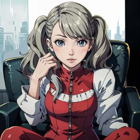 Anne Tamaki, sit on the couch, Silver Hair, Twintails, narrow perspective, close-up potrait, perfect feminine face