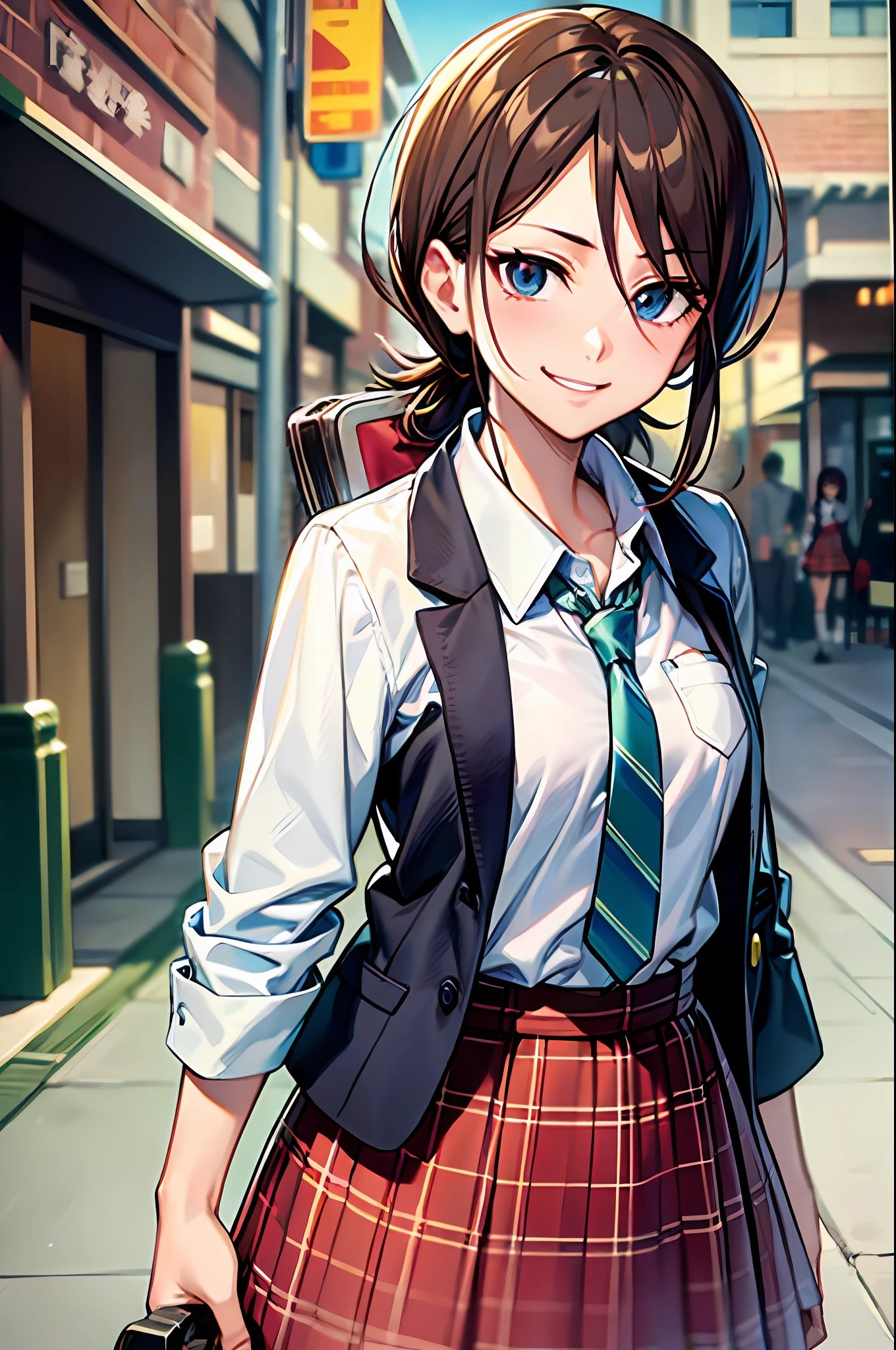 light smile,  attire, white blouse with yellow jacket, green striped tie, red plaid skirt, (style of bleach and chainsaw man anime), (illustrated by Tite Kubo and Tatsuki Fujimoto), (style mixing), Orihime Inoue, Makima