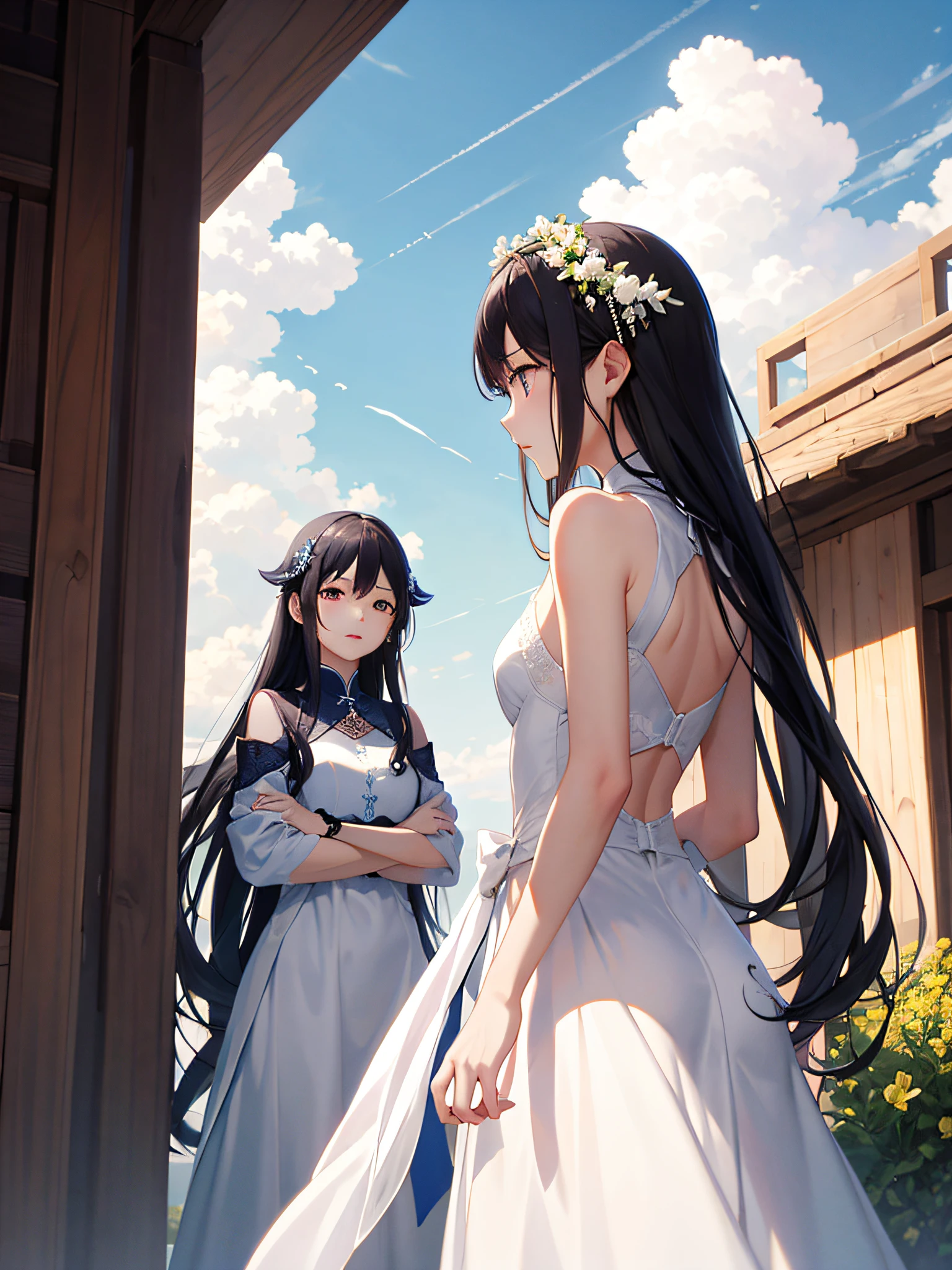 Anime - imagen de estilo de dos mujeres con vestidos de novia paradas  frente a un edificio - SeaArt AI