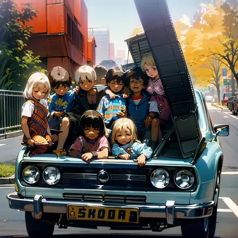 there are many children sitting in the trunk of a car, photo from the 70s, photo from the 7 0 s, czech nostalgia, smoothly, 1980...