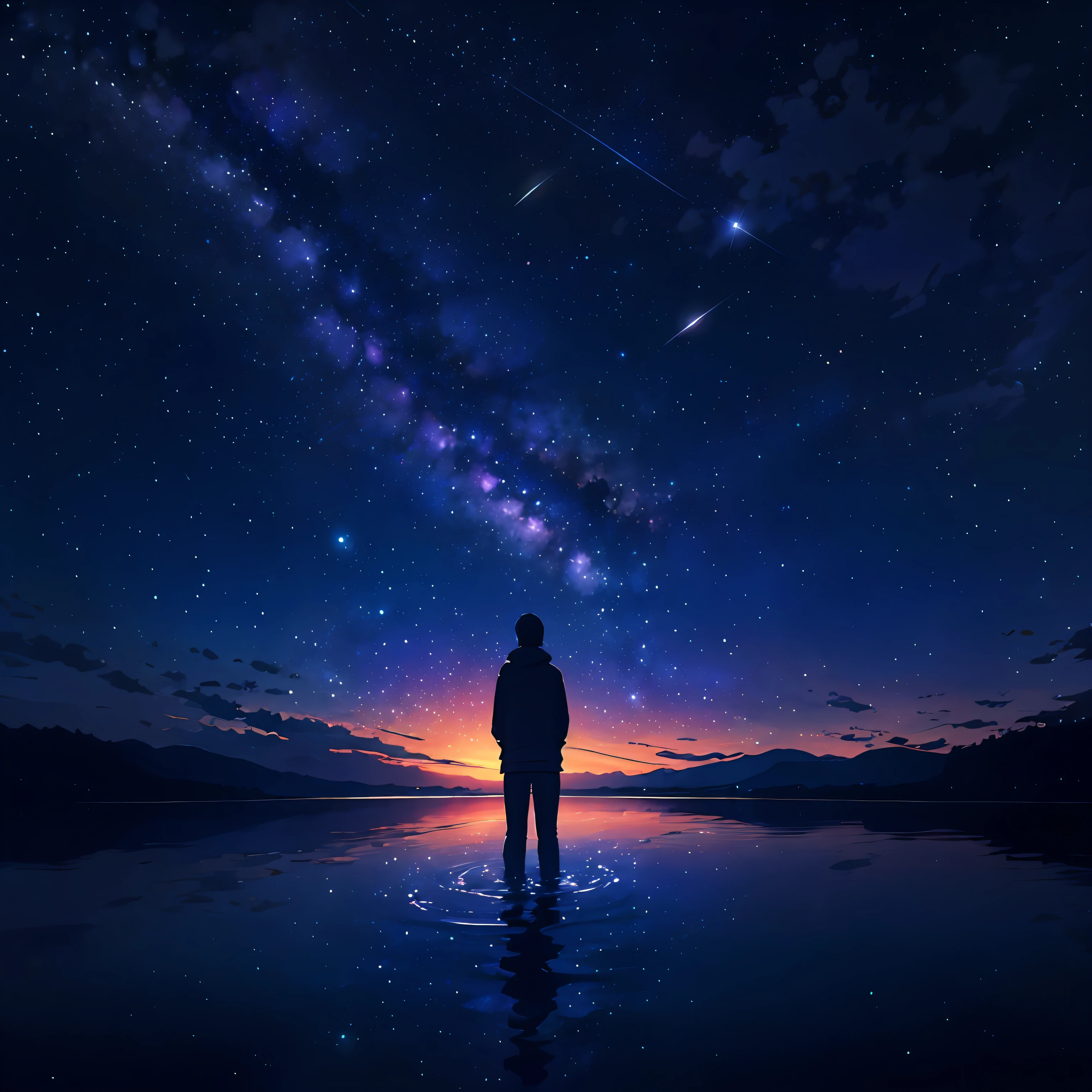 starry night sky with a person standing in the water, looking out into the cosmos, tranquility of the endless stars, --auto