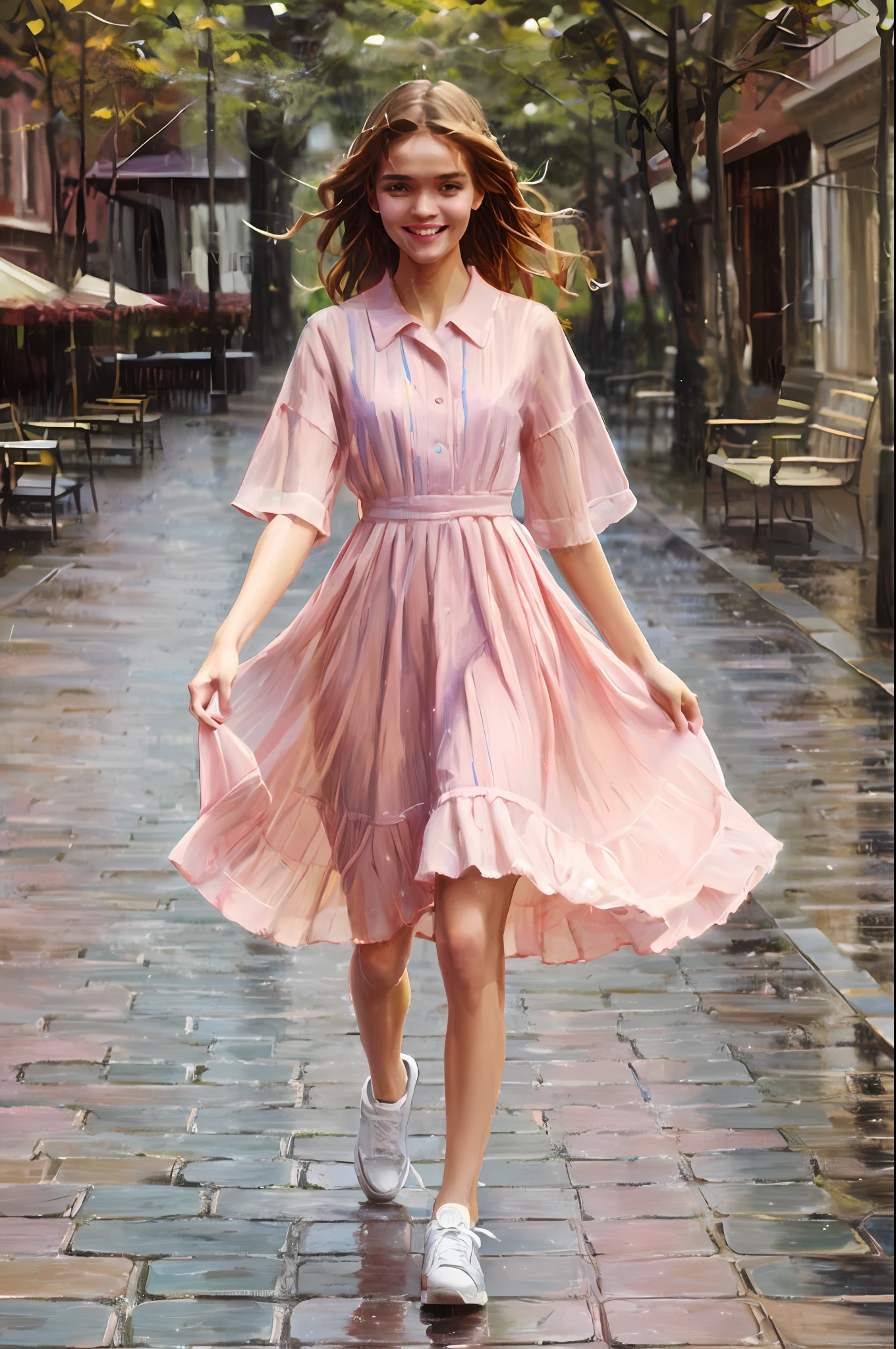 ((Gorgeous young Natalia Vodianova )) with emotional eyes and wet hair in a wet light summer dress,((dress in the style of Authentic Russian national ornament)) , smiling happily and bouncing in pink sneakers on wet paving stones in the park in the rain, intricate detail, 16k, Dynamic landscape, gradient painting on canvas, (atmosphere in the style of Karl Bryullov ), Muted colors, Clarity in post-processing , --q 2 --ar 2:3 --c 52 --s 750