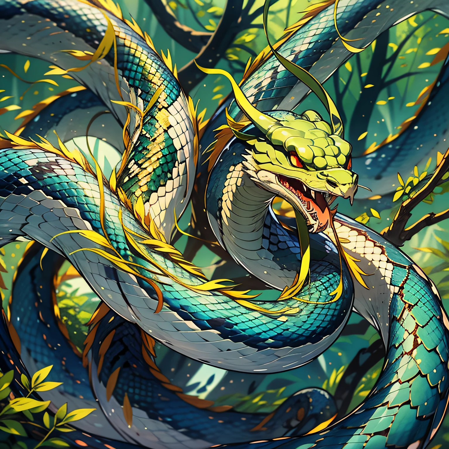 1 serpiente，Pequeña serpiente verde，Enredado en árboles altísimos，Primeval forest，Consulte Cobra，1.5M，Verde por todas partes，el cuerpo es delgado，estilo de anime，detalle，visión，viento chino