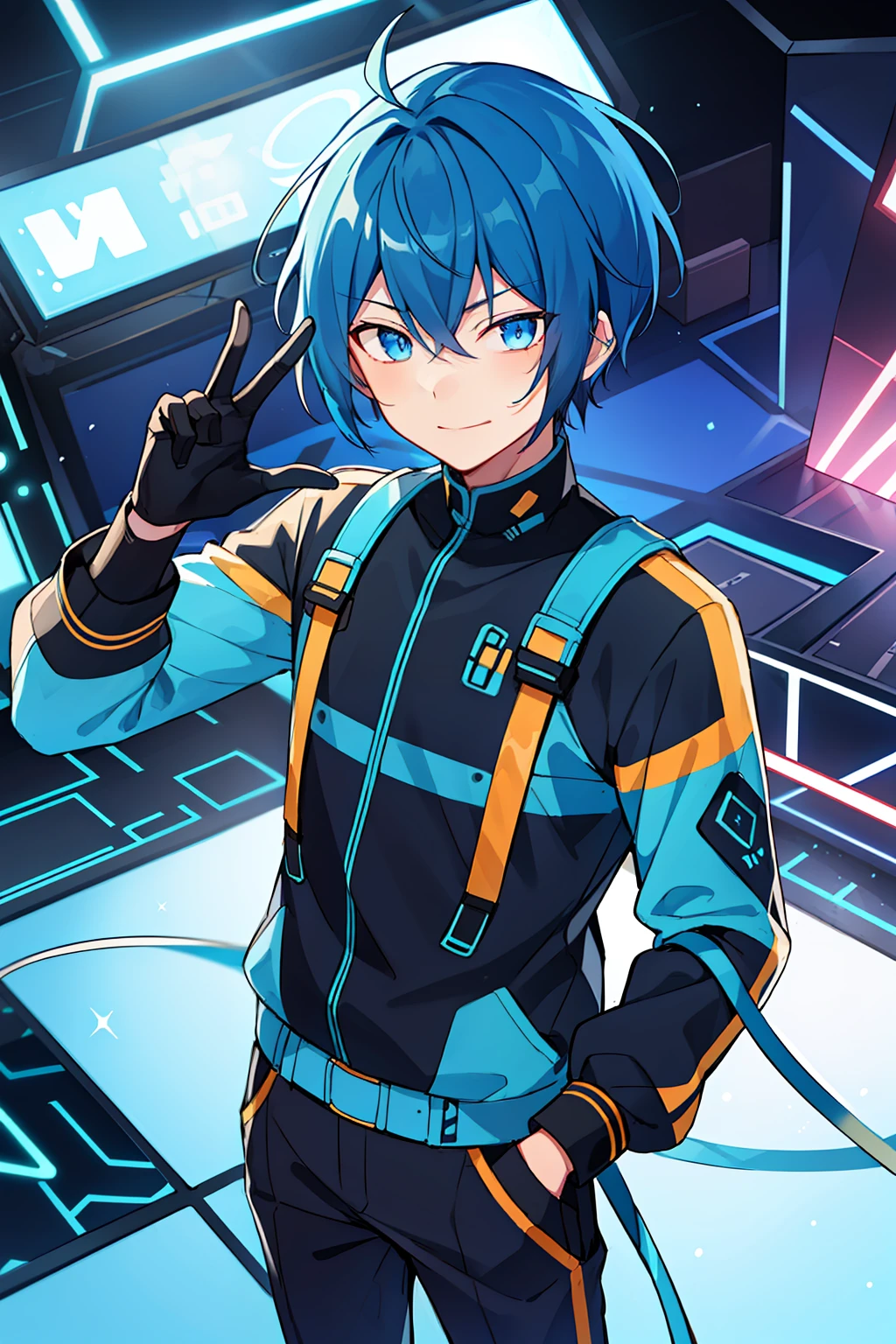 (high-quality, breathtaking),(expressive eyes, perfect face), 1boy, male, solo, short, young boy, dark blue hair with long side bangs, blue eyes, smirk, neon blue cyber outfit, pants, on stage