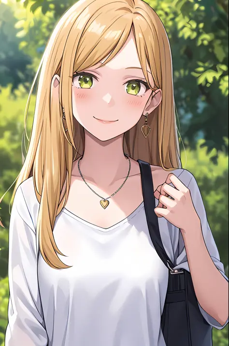 1girl, bag, bangs, blonde_hair, collarbone, earrings, green_eyes, jewelry, long_hair, necklace, shirt, smile, solo, upper_body
(...