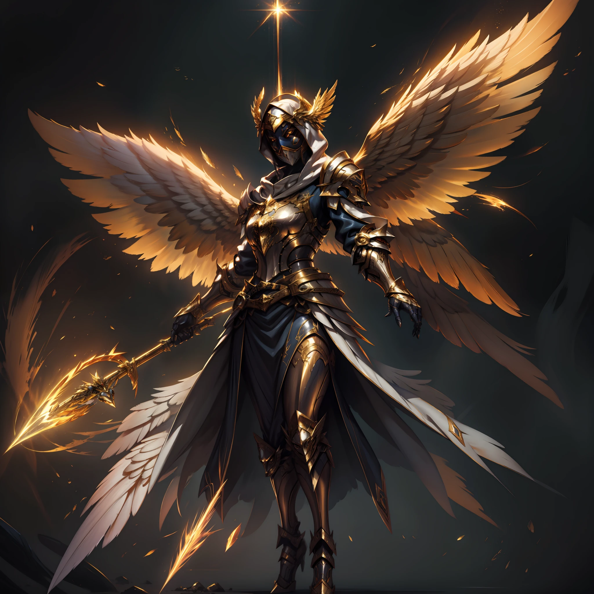 金甲天使, 由能量構成的翅膀, 金屬你好, 没有脸, 连帽的, 金子, 幻想, 概念藝術, 超現實, 格雷格·魯特科斯基 (greg rutkowski) 的人物藝術