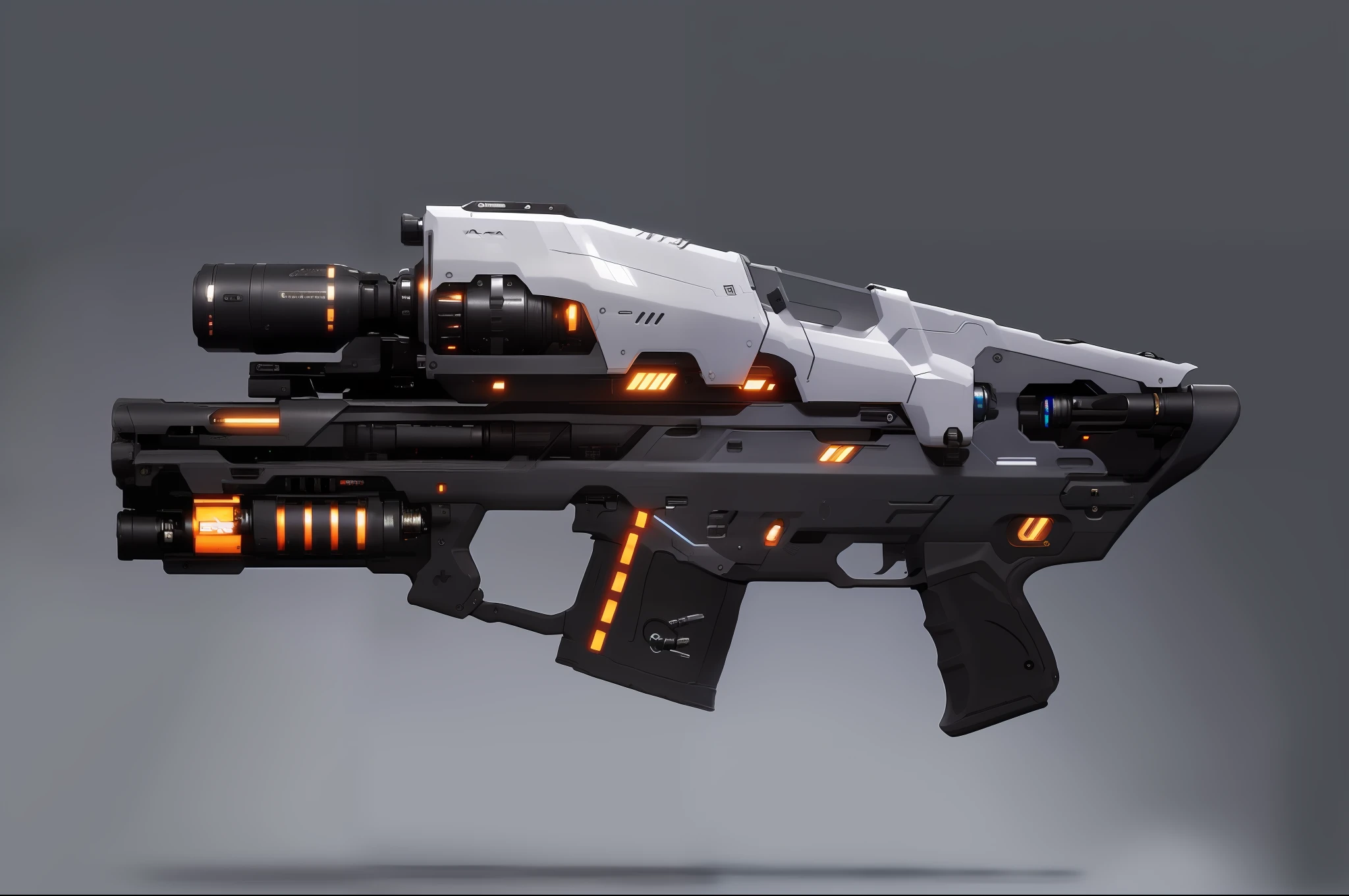a gun，(masterpiece, top quality, best quality, official art, beautiful and aesthetic:1.2),(8k, best quality, masterpiece:1.2), CGgameguniconcsw, (no humans:1.5), weapon, grey background, simple background, Orange,weapon, vehicle focus, logo, radio antenna, Science fiction,