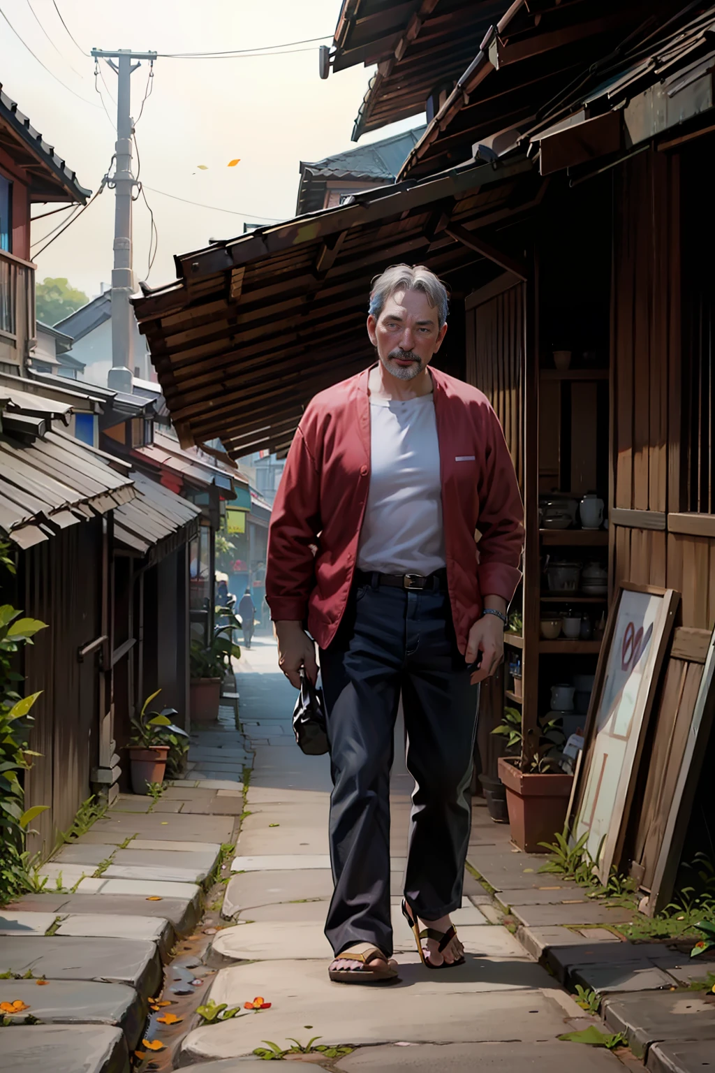 50-year-old man , con chanclas, camisa con estampados de flores