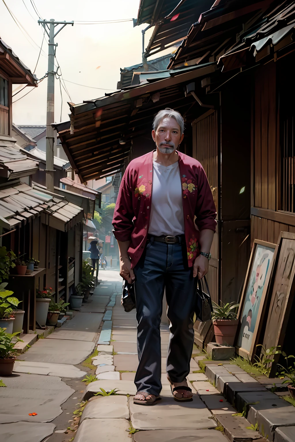 50-year-old man , con chanclas, camisa con estampados de flores