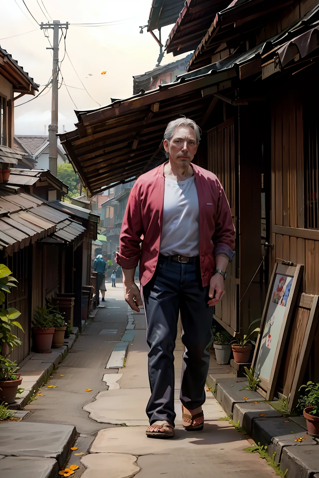 50-year-old man , con chanclas, camisa con estampados de flores