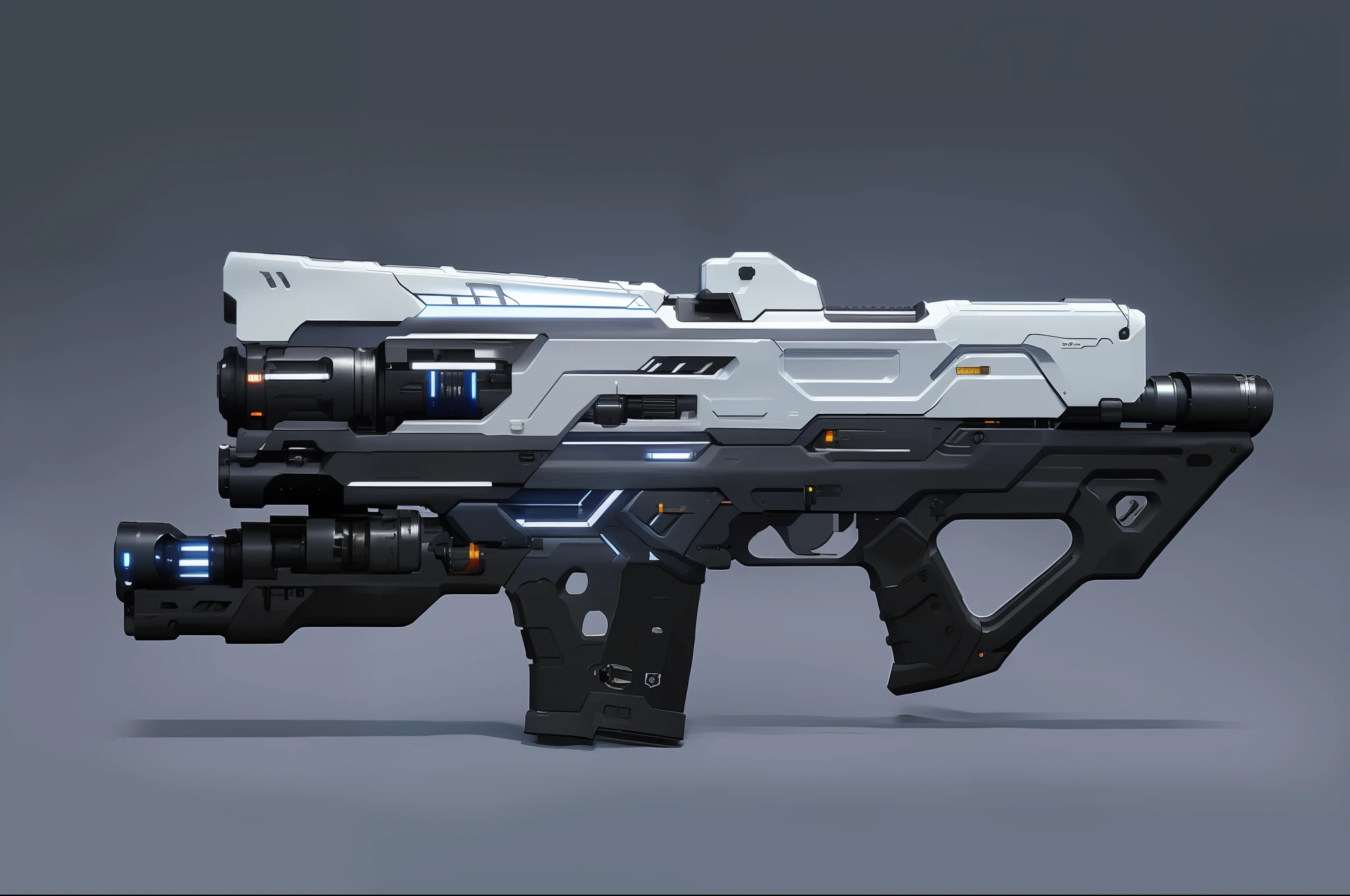a gun，(masterpiece, top quality, best quality, official art, beautiful and aesthetic:1.2),(8k, best quality, masterpiece:1.2), CGgameguniconcsw, (no humans:1.5), weapon, grey background, simple background, weapon, vehicle focus, logo, radio antenna, Science fiction,Blue-white