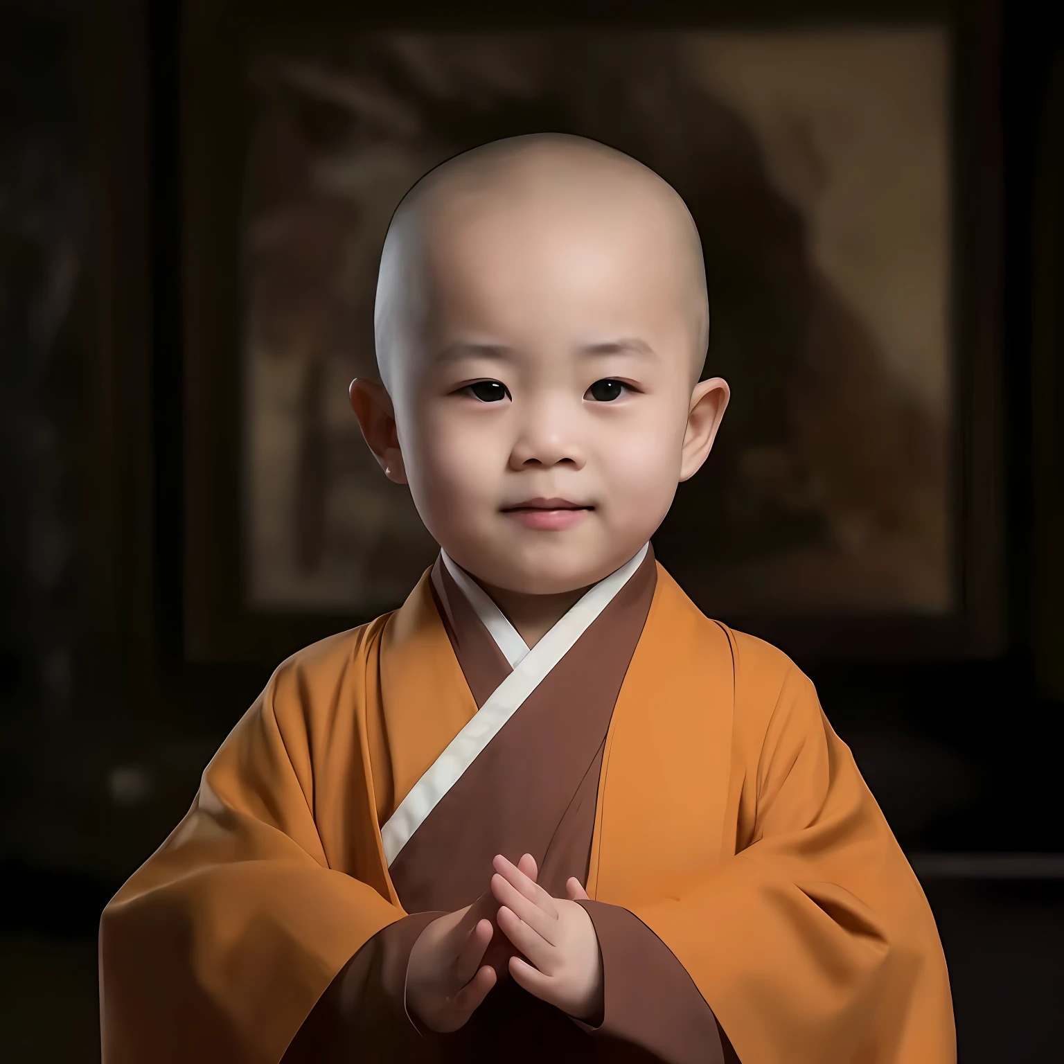 arafed  in a monk robe standing in front of a painting, portrait of monk, buddhist monk, monk clothes, monk, wearing brown robes, Serene expression, With a smile，buddhist, monk, peaceful expression, wearing simple robes, monk meditate,1.8