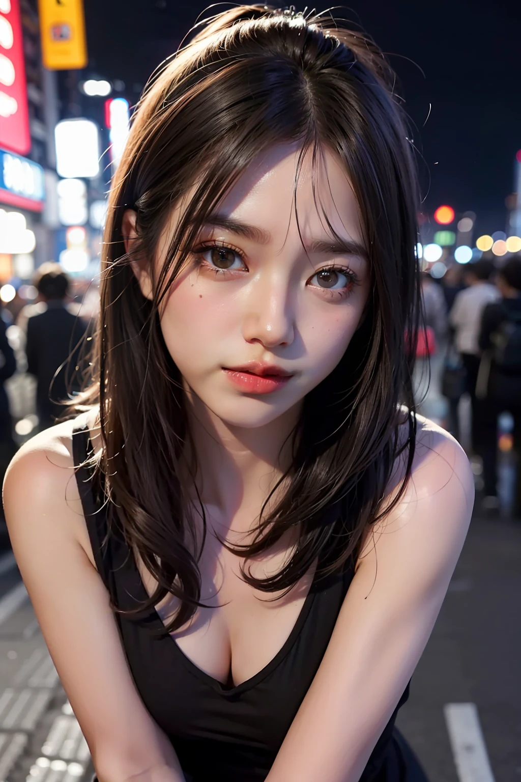 1girl、Streets of Tokyo、night、street scenery、city light、Haut du corps、close up front、8k、RAW Photography、beste Quality、Masterpiece、Realstic、photorealestic、OL Night