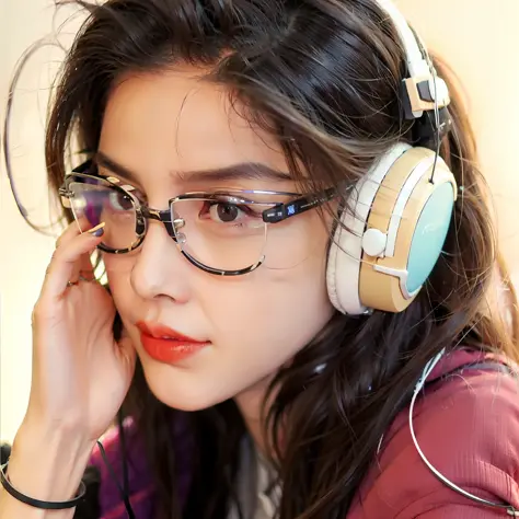 there is a woman wearing headphones and a pair of glasses, wearing thin large round glasses, with head phones, with head phones,...