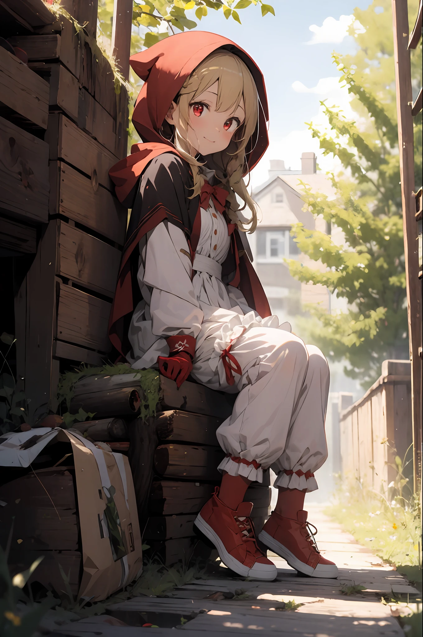 mushroom, sitting, tree, outdoors, grass, nature, 1girl, blonde hair, red footwear, forest, shoes, long sleeves, bangs, red headwear, hat, hood, red cape, gloves, medium hair, bloomers, dress, long hair, day, shirt, closed mouth, full body, cape, solo, hood up, looking at viewer, red hood, 1boy, tree stump, white bloomers, red dress, red cloak, plant, knees up, bow, sunlight, white shirt, bird, moss, red eyes, underwear, creature, braid, smile, on ground, pointy ears, red bow, animal, little red riding hood (grimm), red capelet, pants, link,