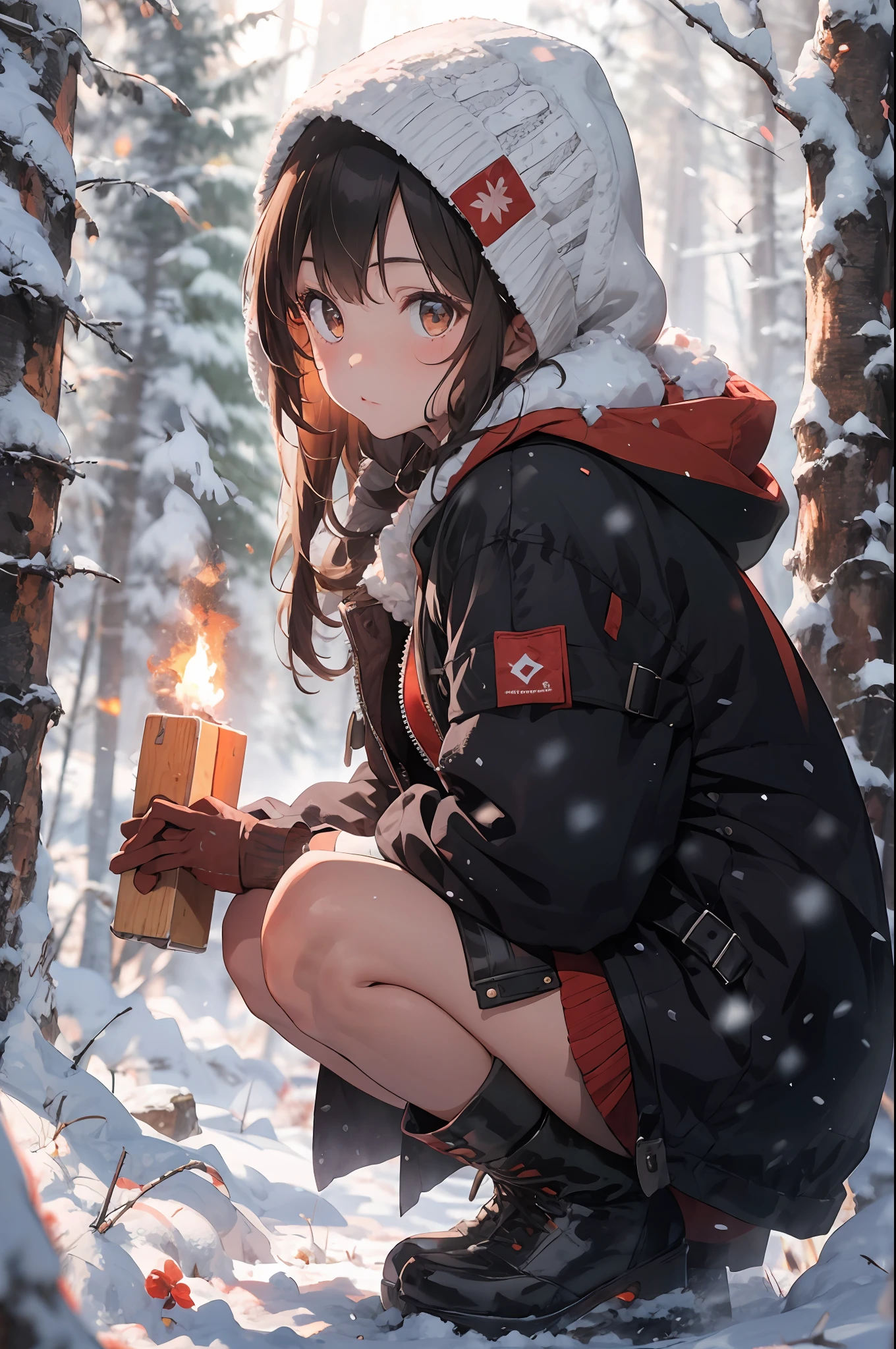 1girl, solo, snow, long hair, hood, fire, outdoors, brown hair, boots, snowing, from side, tree, suitcase, cloak, blurry, hood up, forest, gloves, nature, brown eyes, red gloves, squatting, closed mouth, hooded cloak, winter, depth of field, black footwear, red cloak