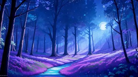 woodland scenery with purple moon shining in the background, blue butterflies in the air