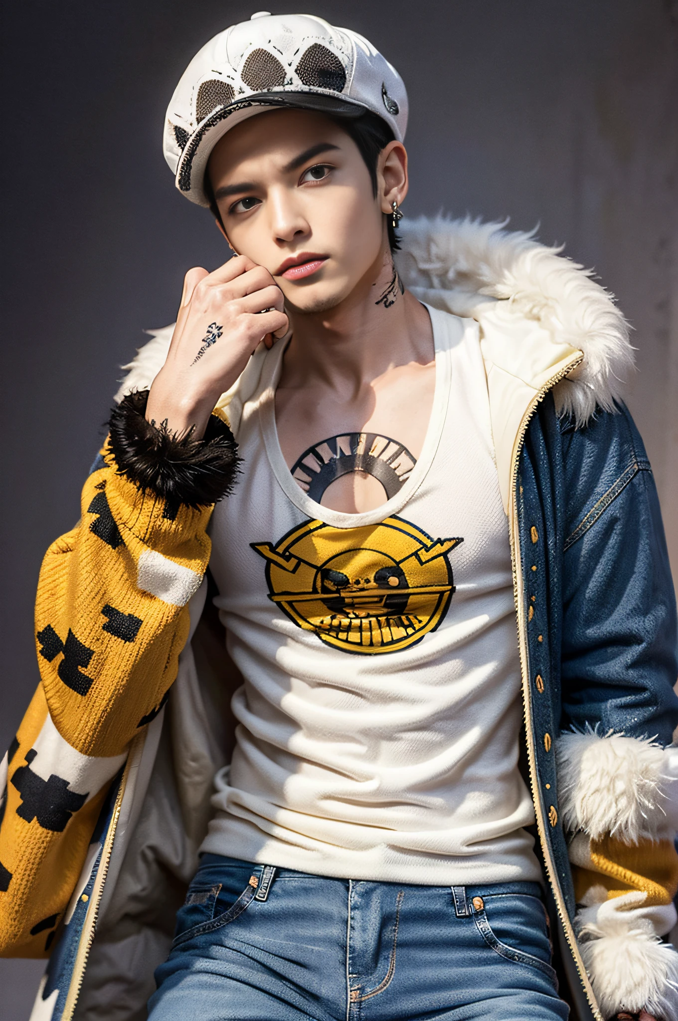 masterpiece, best quality, 8k, highestres, absurdres, extremely detailed, trafalgar law, 1boy, 1sword, solo, looking at viewer, short hair, medium built, hat,  earrings,  pants, coat, fur trim, denim, jeans, , hand tattoo, finger tattoo, black fur-trimmed coat, coat on shoulders, yellow tank top,///,