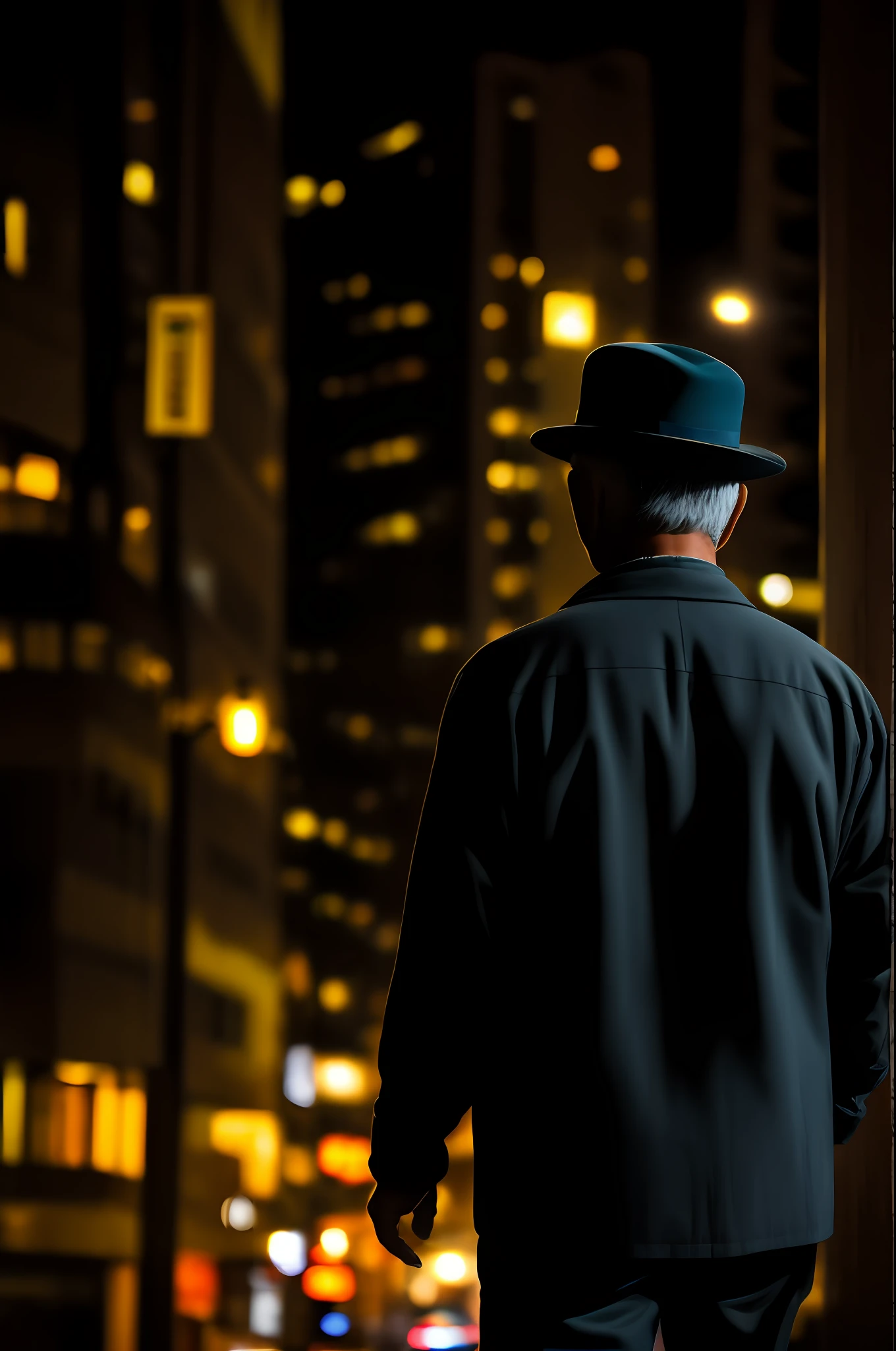 dreamlikeart foto RAW, uma foto retrato de 50 y.o homem brasileiro em roupas, looking down with small hat, Tokyo night, pintura na parede cinza (pele altamente detalhada: 1.2), 8k uhd, dslr, Soft illumination, alta qualidade, movie grain, Fujifilm XT3