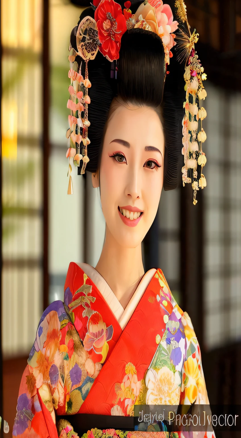 A woman made up in the traditional geisha style, with an elaborate hairstyle  and floral hair clips, Stock Photo by Mint_Images