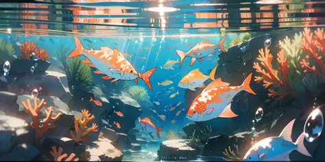 This is a game design scenario，fishes， under the water，  Bubbles，  coral，  The sunlight， air bubbles，the golden hour, ribbons,be...