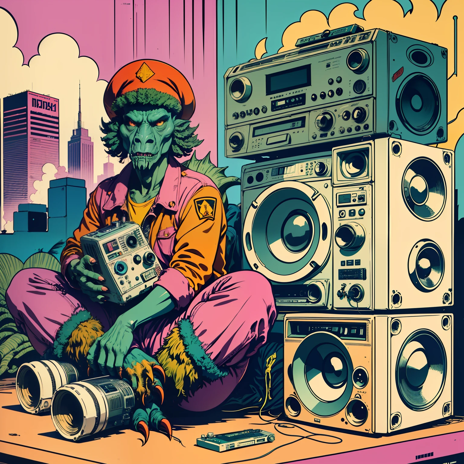 ((CCCP Poster, Soviet Poster)) ( (((a monster creature))), sitting on the floor, holding, a boombox with a radio on top of it, boombox, ghetto blaster, big ghetto blaster, tape deck, lofi hip hop, audio equipments, cassette, retro technology, nostalgic vibes, 1 9 8 0 s tech, radios, vintage - w 1 0 2 4, from the 8 0 s) propaganda Poster, poster, Poster design, poster art style. 1980s, 1950s, 1960s, basic colour scheme, Very colourful poster, colour art, thirds rule, inspiring,