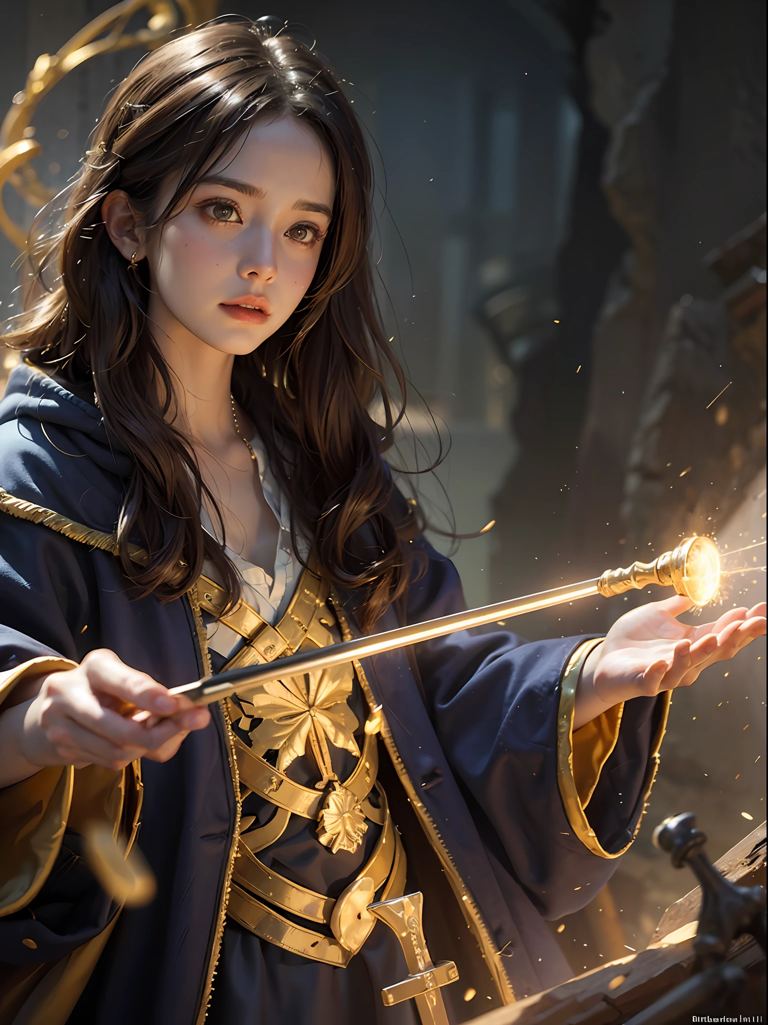 1girl, solo focus, ,  Hermione Granger，realistic， in long hogwarts robes， casting a spell, waving her wand with golden particle effects, lumos maxima against a skeleton soldier in a dark cave, cinematic lighting, trending on ArtStation, by Irakli Nadar, Greg Rutkowski，(((best quality))),(((ultra detailed))),(((masterpiece)))