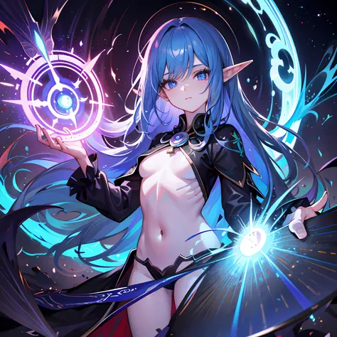 a  girl、blue hairs、multicolored eyes、resplendent、blue eye、purple colored eyes、Red eyes、bare shoulder、Devil's Eye、magical circle、Particles of light、light ray、wall paper、 --auto