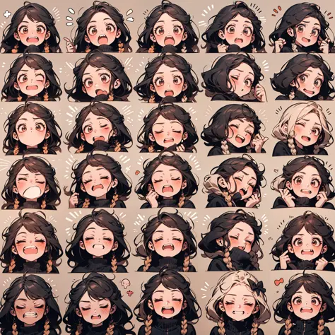 cute  girls，emoji pack，（9 emojis，emoji sheet，Align arrangement)，9 poses and expressions（Grieving，astonishment，having fun，excitement，big laughter，Touch your head，Sell moe, wait），Anthropomorphic style，Disney style，Black strokes，9 different emotions，9 poses a...