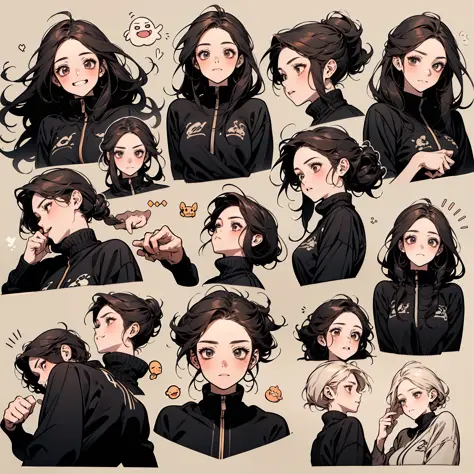 Cute girl avatar，emoji pack，(9 emojis，emoji sheet，Align arrangement)，9 poses and expressions（Grieving，astonishment，having fun，excitement，big laughter，Touch your head，Sell moe, wait），Anthropomorphic style，Disney style，Black strokes，Different emotions，9 pose...