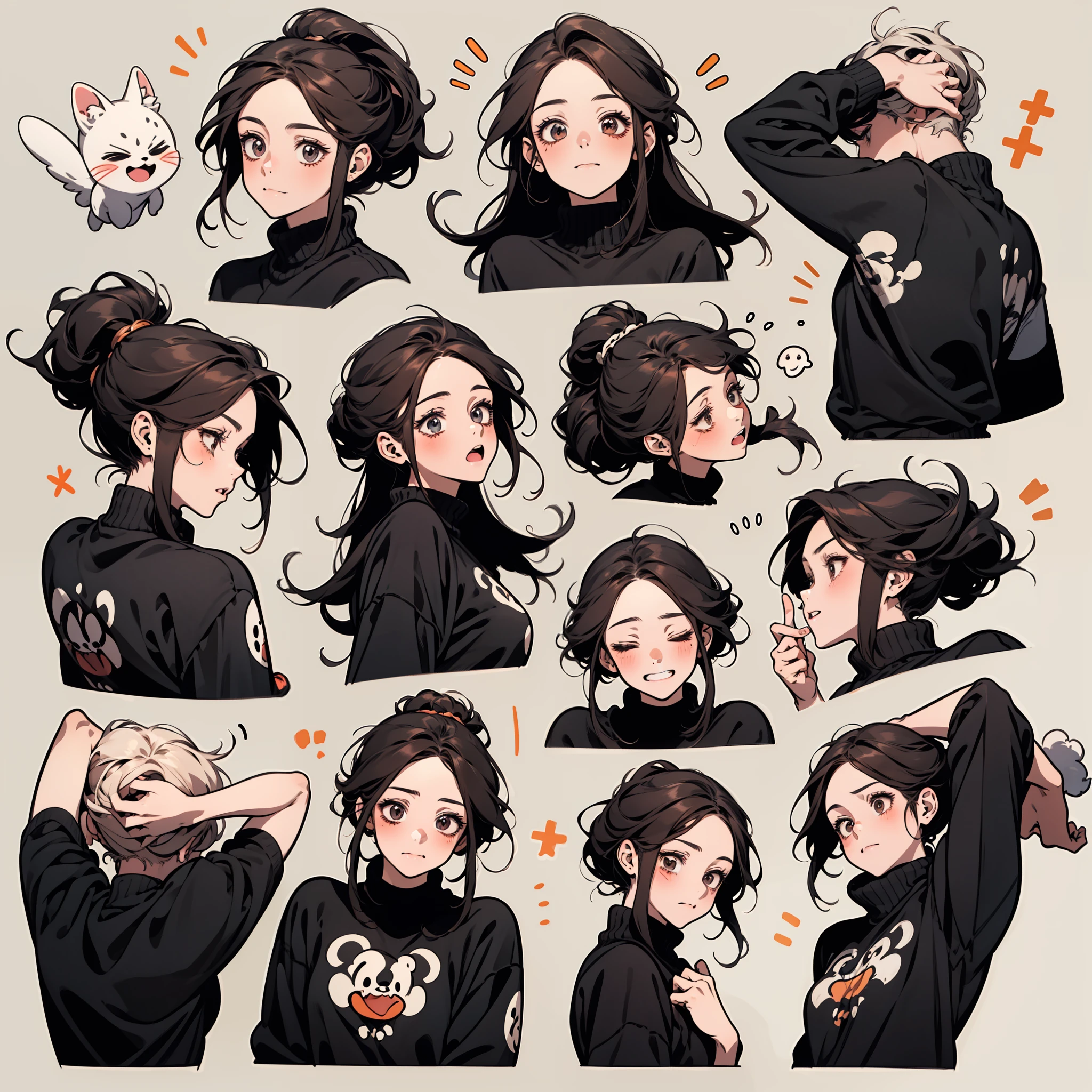 Cute girl avatar，emoji pack，9 emojis，emoji sheet，Align arrangement，Multiple Poses and Expression（Grieving，astonishment，having fun，excitement，big laughter，Touch your head，Sell moe, wait），Anthropomorphic style，Disney style，Black strokes，Different emotionultiple Poses and Expression，8K
