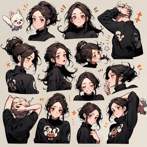 Cute girl avatar，emoji pack，9 emojis，emoji sheet，Align arrangement，Multiple Poses and Expression（Grieving，astonishment，having fun，excitement，big laughter，Touch your head，Sell moe, wait），Anthropomorphic style，Disney style，Black strokes，Different emotions，Mu...
