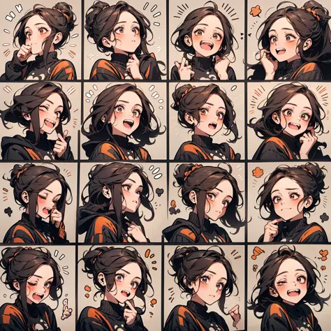 cute  girls，emoji pack，9 emojis，emoji sheet，Align arrangement，9 poses and expressions（Grieving，astonishment，having fun，excitement，big laughter，Touch your head，Sell moe, wait），Anthropomorphic style，Disney style，Black strokes，9 different emotions，9 poses and...
