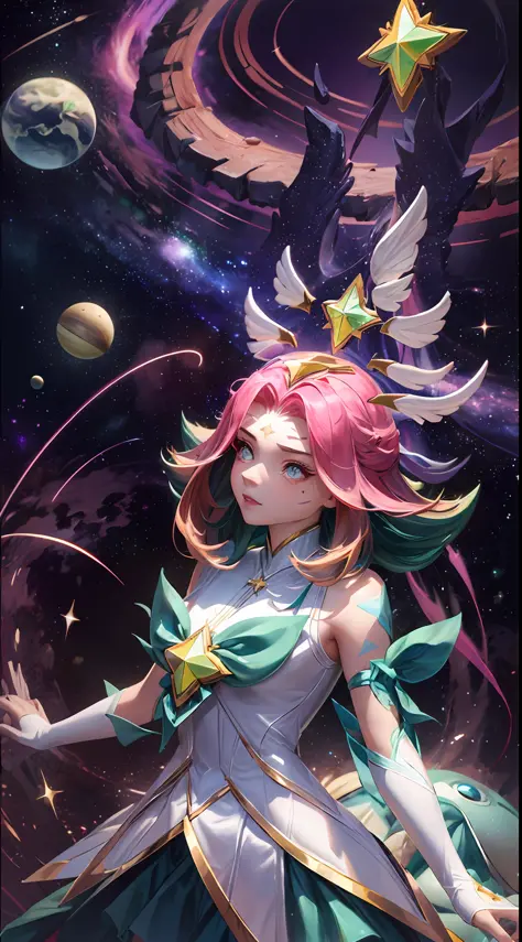 best quality, intricate details,
1girl, neeko, facial marks, star guardian neeko，multicolored hair, dress, star guardian \(leagu...