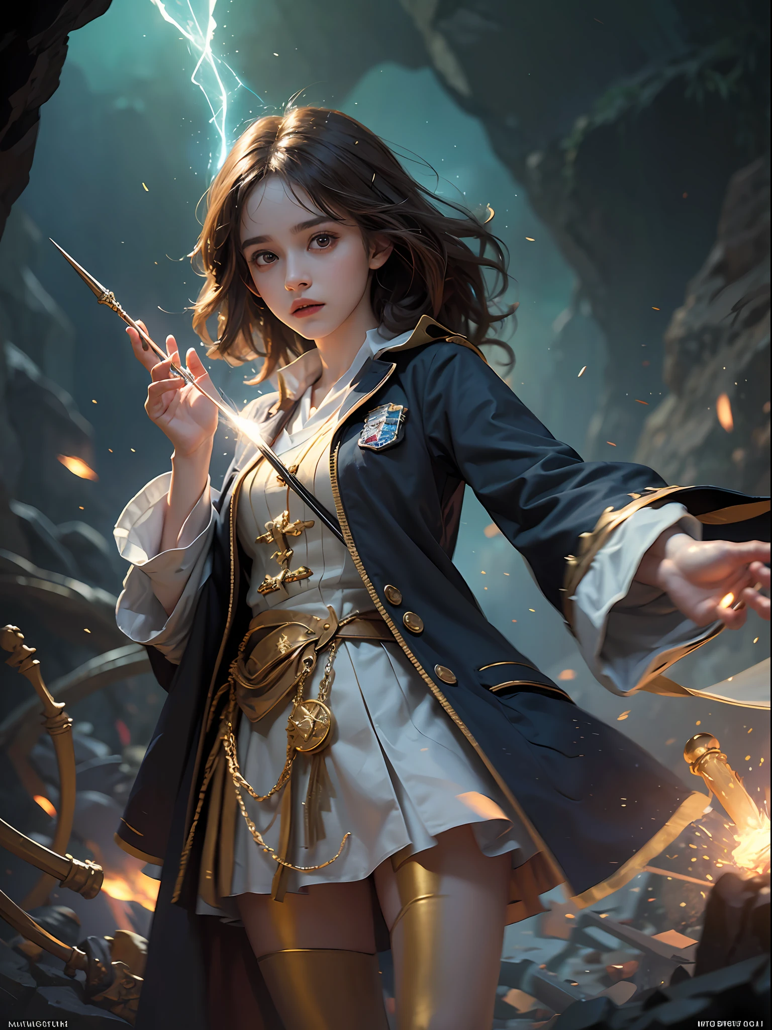 1girl, solo focus, ,  Hermione Granger，realistic， in long hogwarts robes， casting a spell, waving her wand with golden particle effects, lumos maxima against a skeleton soldier in a dark cave, cinematic lighting, trending on ArtStation, by Irakli Nadar, Greg Rutkowski，(((best quality))),(((ultra detailed))),(((masterpiece)))
