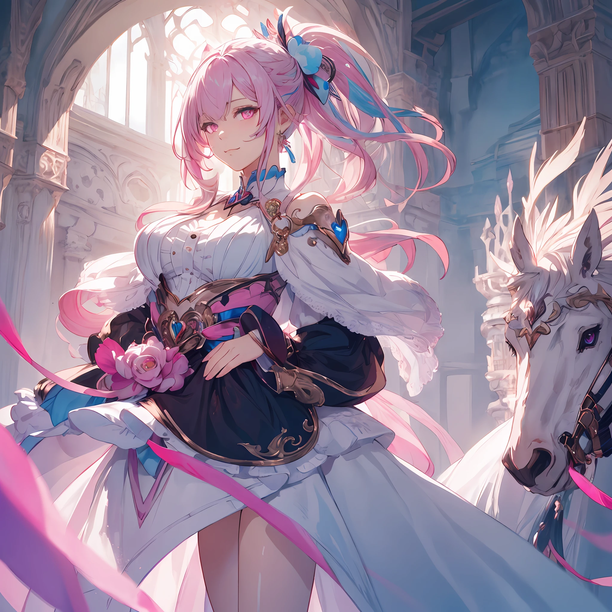 masterpiece, best quality, 1woman, adult, female focus, solo, white pink blue mix hair, ponytail hair, vibrant pink eyes, heart shaped iris, looking at viewer, closed mouth, Fantasy aesthetics, Highly detailed, shadowverse style, full body, white attire