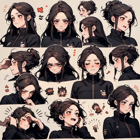 Cute girl avatar，emoji pack，Little devil，(9 emojis，emoji sheet，Align arrangement)，9 poses and expressions（Grieving，astonishment，having fun，excitement，big laughter，angry，doubt，Touch your head，Sell moe, wait），Anthropomorphic style，Disney style，Black strokes，...