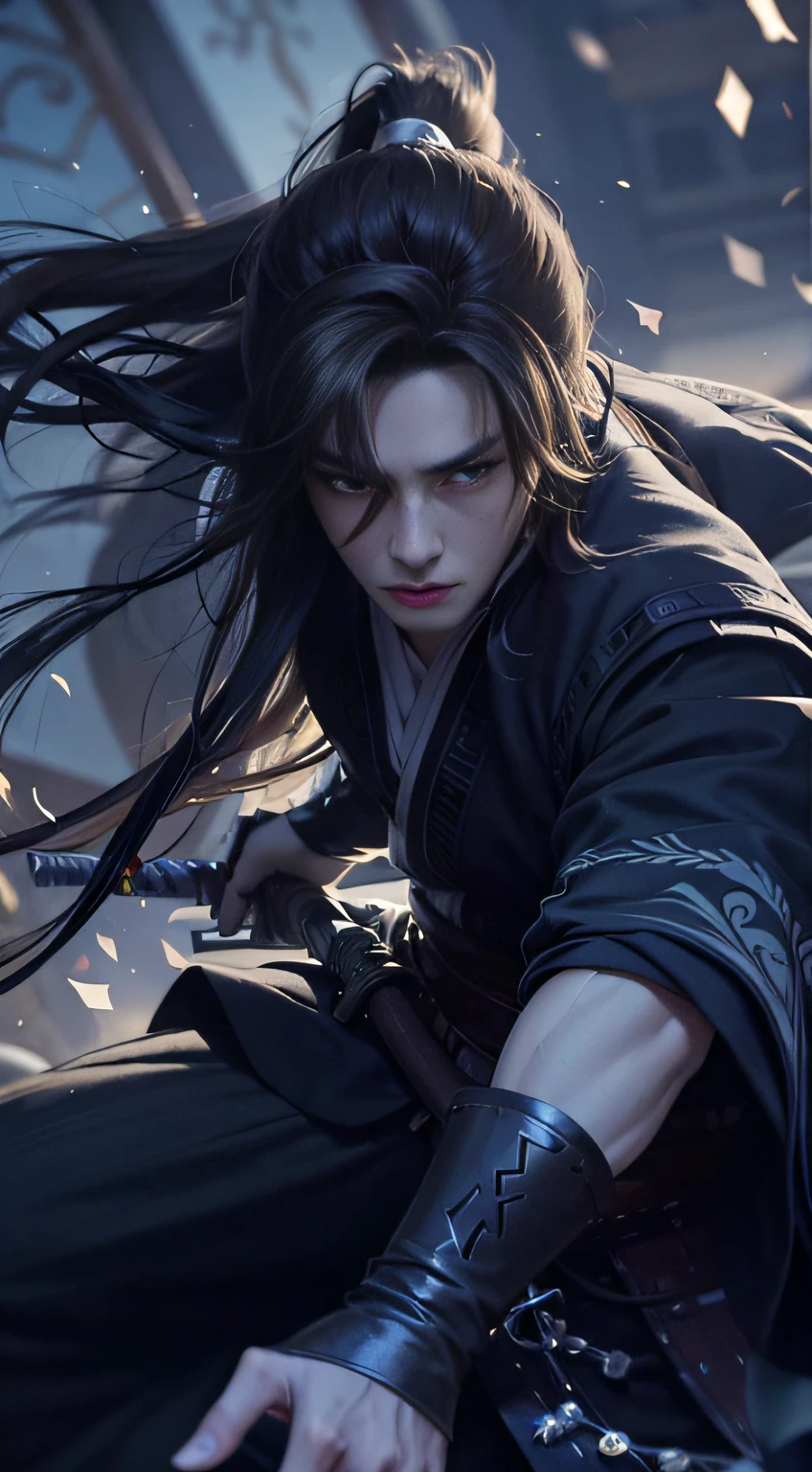 um guerreiro，cabelos compridos，hanfu，manto，espada，Formato de rosto bonito，extremamente realista：1.2
