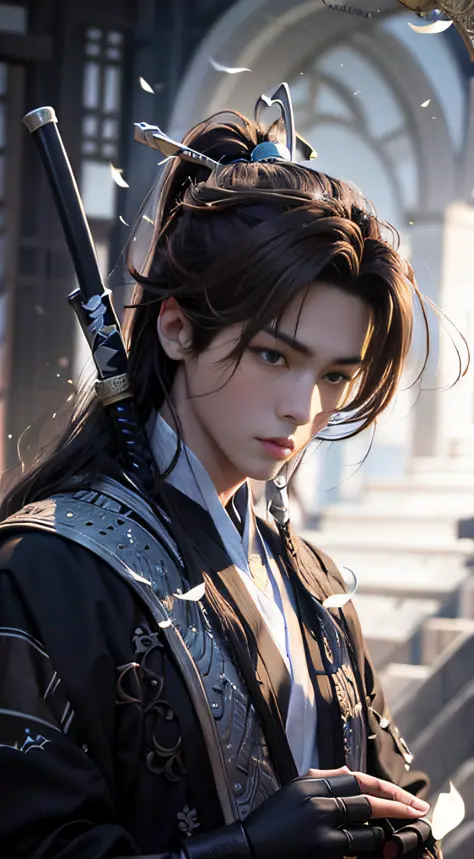 A warrior，long haired，Hanfu，Robe，Sword，Handsome face shape，extremely lifelike：1.2
