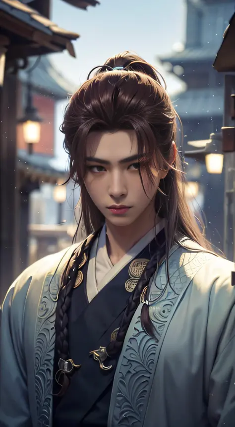 A warrior，long haired，Hanfu，Robe，Sword，Handsome face shape，extremely lifelike：1.2