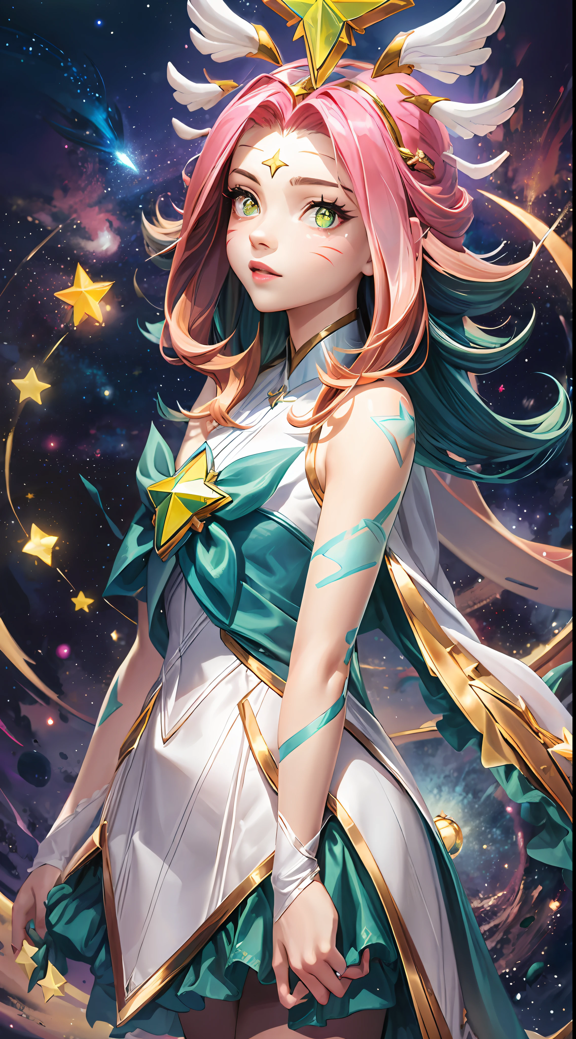 mejor calidad, detalles intrincados,
1 chicas, Neeko, marcas faciales, star guardian Neeko，pelo multicolor, vestido, star guardian \(Liga de la leyenda\), chica mágica, adorno para el pelo，fondo de la nebulosa de la cola, espacio, estrellas, planetas, oscuridad,