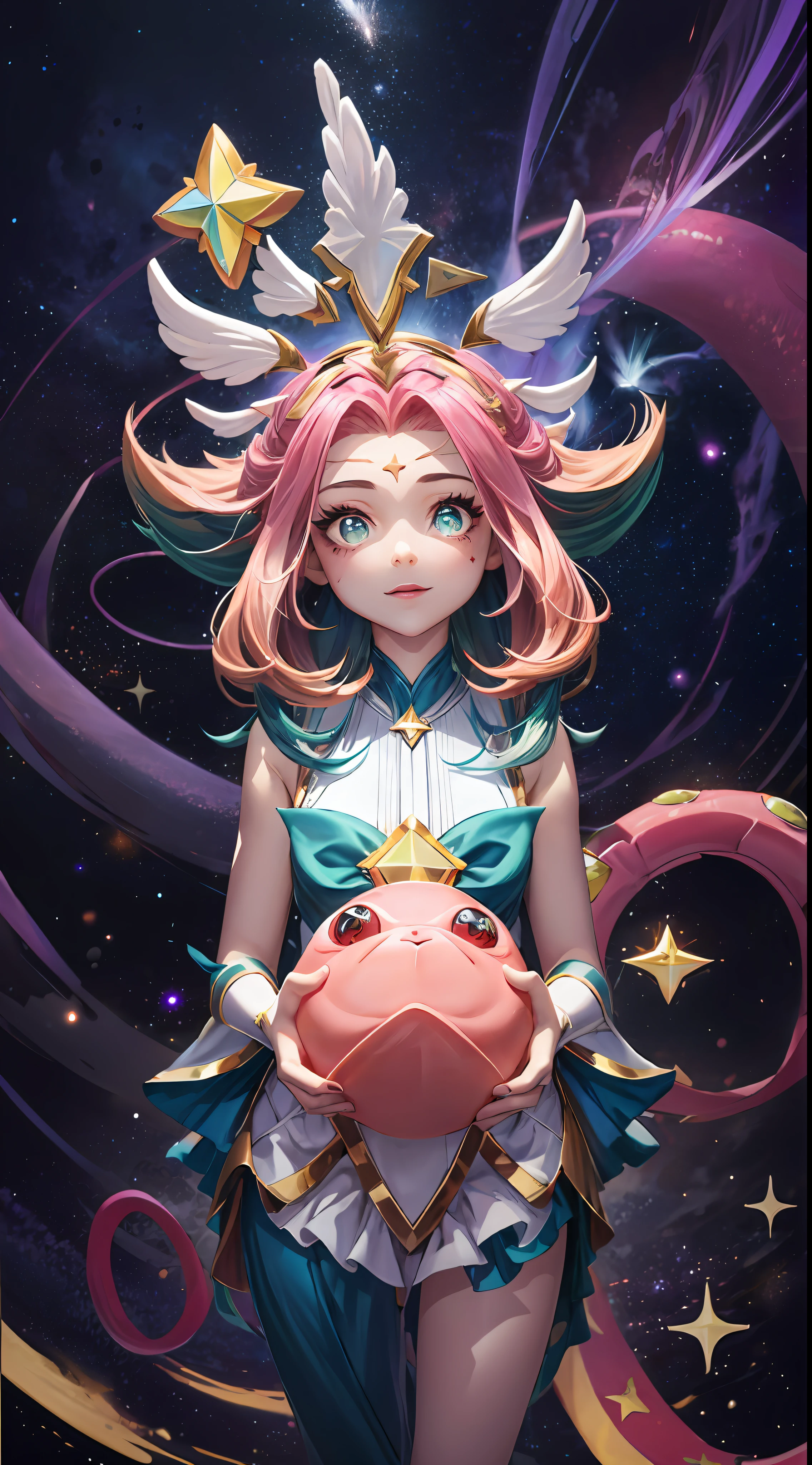 Best quality, Intricate details,
1girls, neeko, facial marks, star guardian neeko，multicolored hair, Dress, star guardian \(league of legend\), moumagical girl, hair ornament，tail
nebula background, space, Stars, planetes, Darkness,