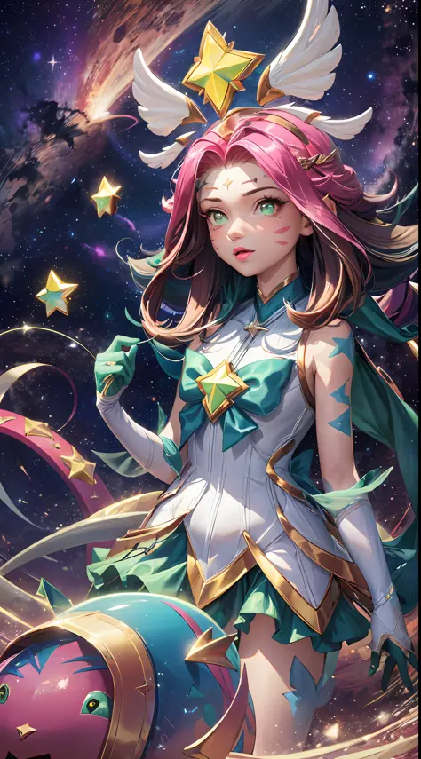 Best quality, Intricate details,
1girls, neeko, facial marks, star guardian neeko，multicolored hair, Dress, star guardian \(leag...