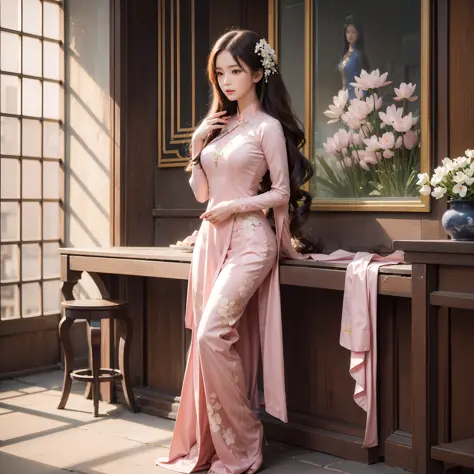 an 8K quality photo of a very beautiful Vietnamese woman in a traditional Vietnamese ao dai. She gets light makeup, stand out an...