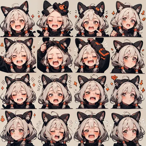 Cute girl avatar，emoji pack，whitehair，cat ear，(9 emojis，emoji sheet，Align arrangement)，9 poses and expressions（Grieving，astonishment，having fun，excitement，big laughter，Angry，doubt，Touch your head，Sell moe, wait），Anthropomorphic style，Disney style，Black str...