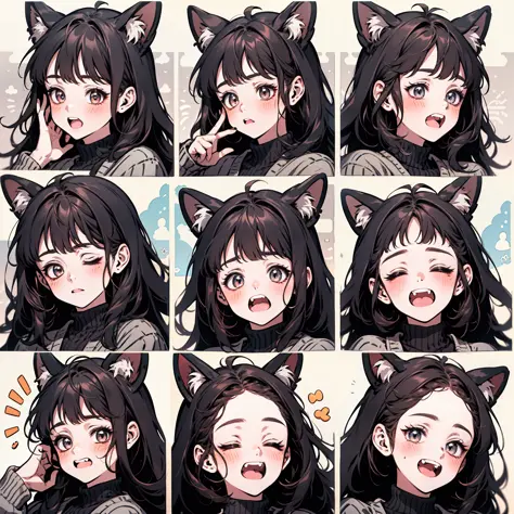 cute  girls，emoji pack，cat ear，（9 emojis，emoji sheet，Align arrangement)，9 poses and expressions（Grieving，astonishment，having fun，excitement，big laughter，doubt，Angry，Touch your head，Sell moe, wait），Anthropomorphic style，Disney style，Black strokes，9 differen...